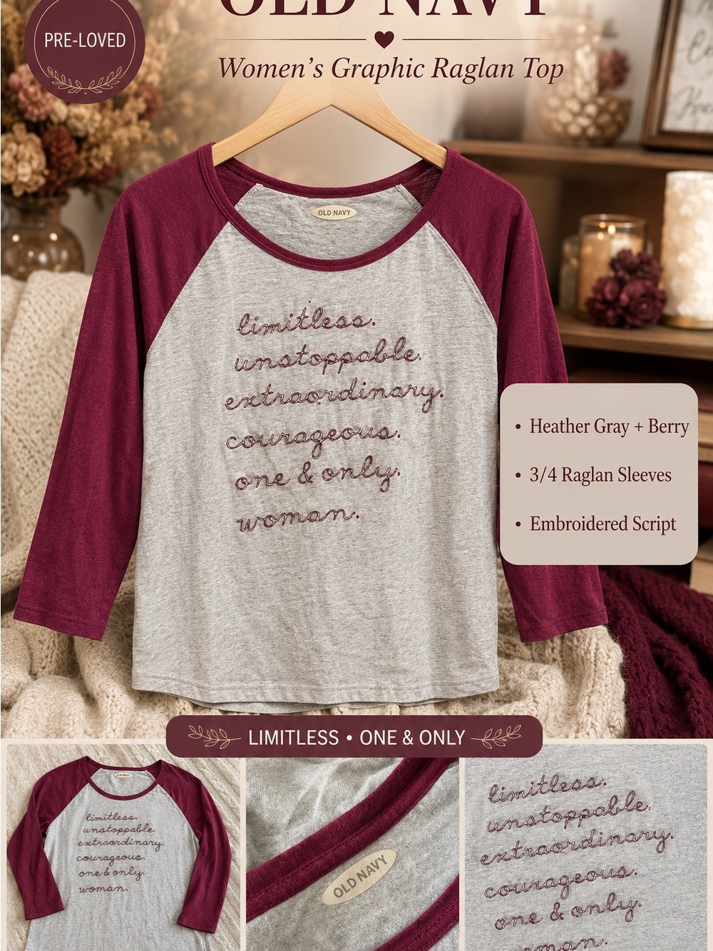 OLD NAVY WOMEN’S INSPIRATIONAL GRAPHIC RAGLAN TOP Women’s size XL